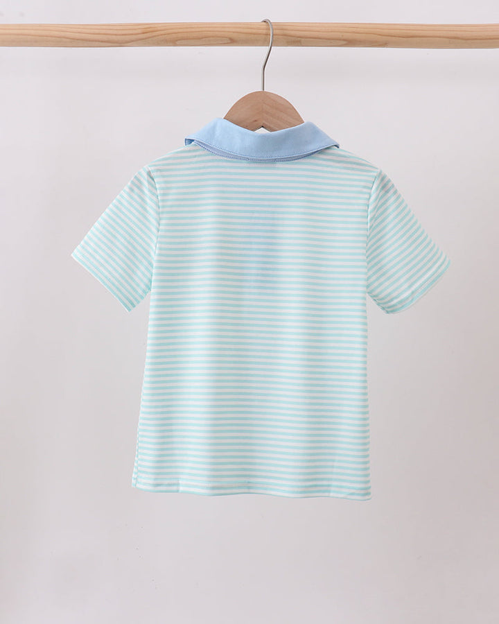 Light blue striped polo shirt back with ribbed collar