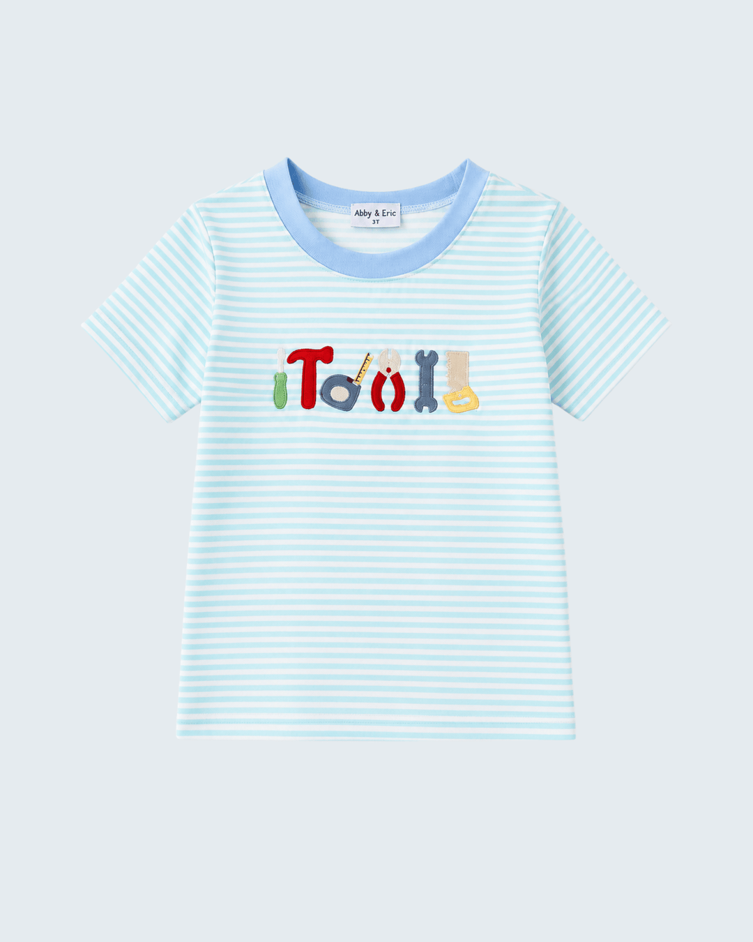 Light blue and white striped T-shirt with tool embroidery graphic, crew neck