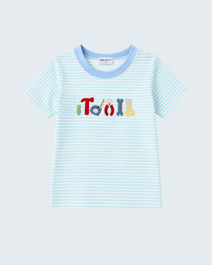 Light blue and white striped T-shirt with tool embroidery graphic, crew neck