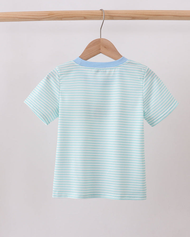 Light blue striped T-shirt with crew neck, short sleeves, plain back