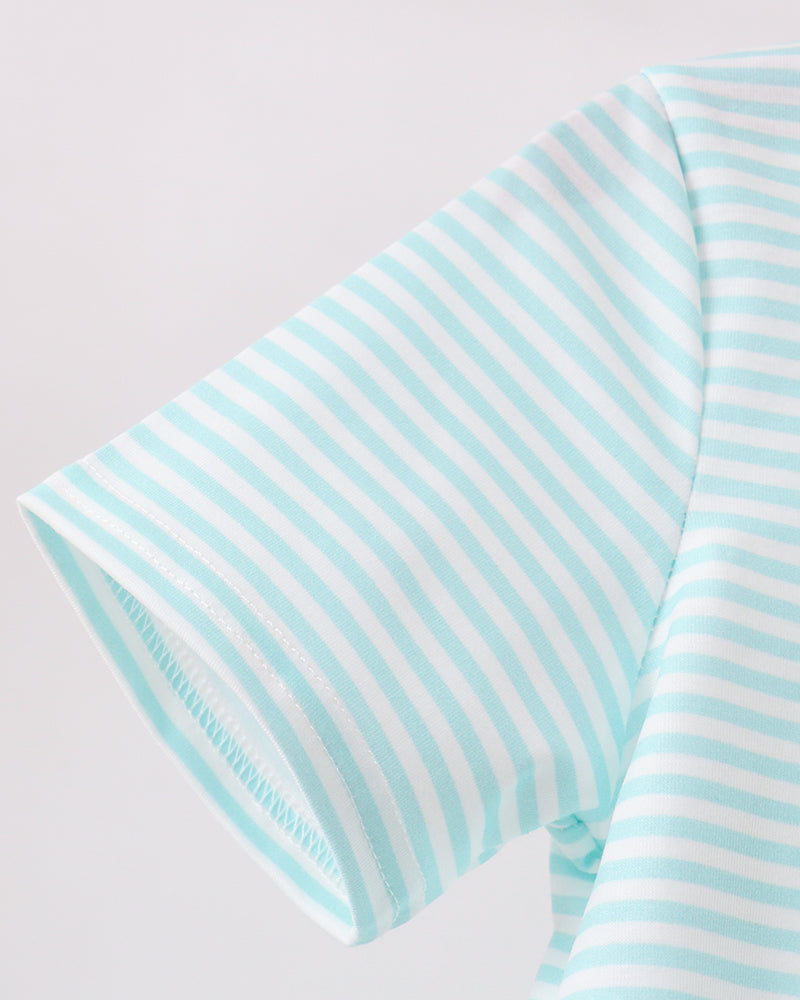 Light blue and white striped T-shirt sleeve with stitched hem