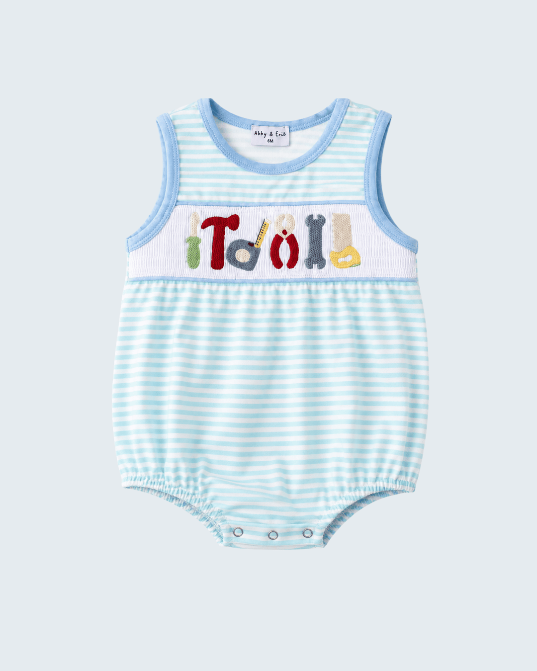 Light blue and white striped sleeveless tool applique smocked bubble romper, snap bottom