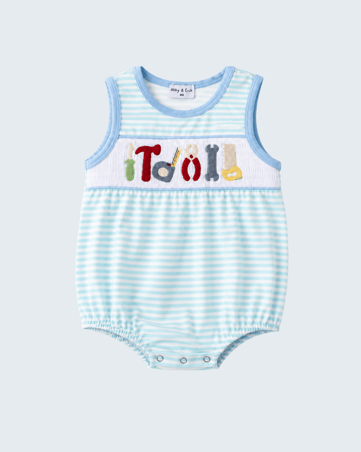 Light blue and white striped sleeveless tool applique smocked bubble romper, snap bottom