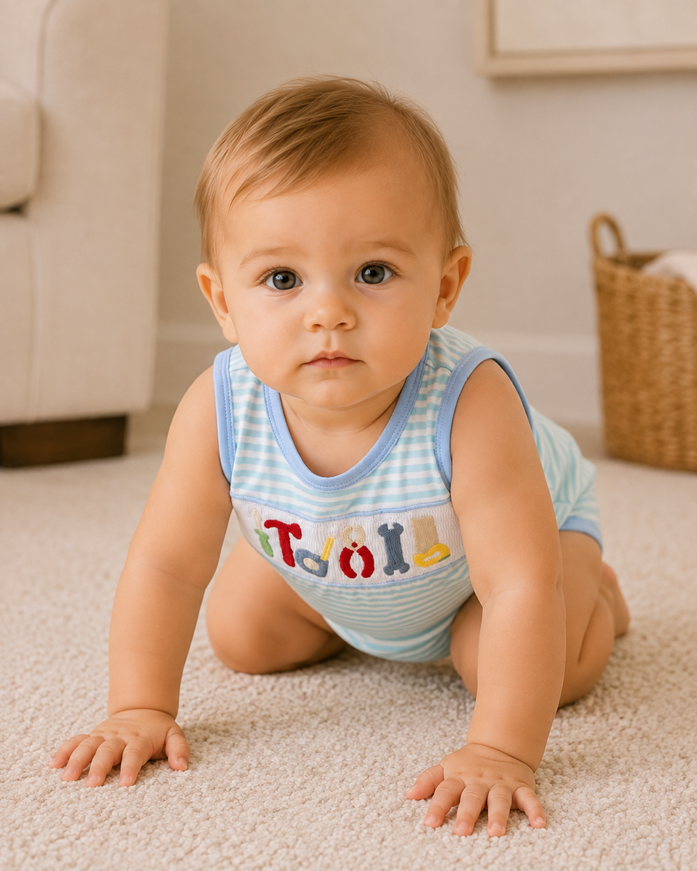 Light blue striped tool applique baby bubble romper, sleeveless with smocked waist