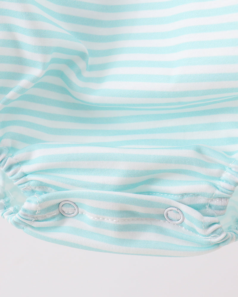 Blue and white striped bubble romper with two button snaps at leg opening
