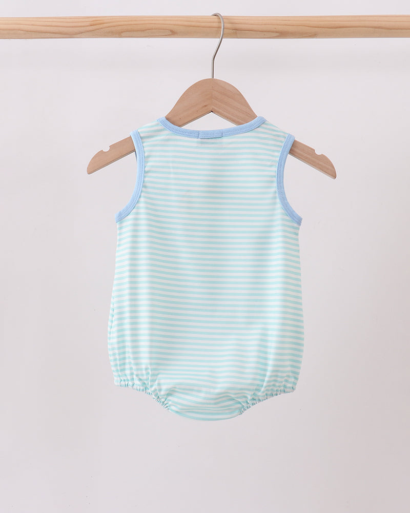 Light blue striped sleeveless bubble romper with round neck and gathered hem