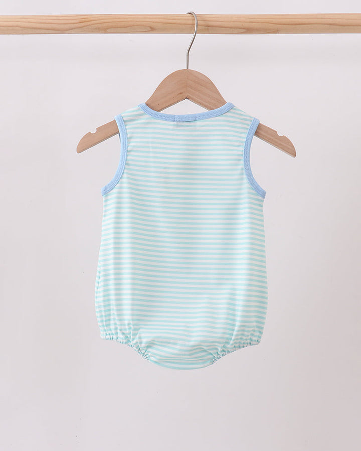 Light blue striped sleeveless bubble romper with round neck and gathered hem