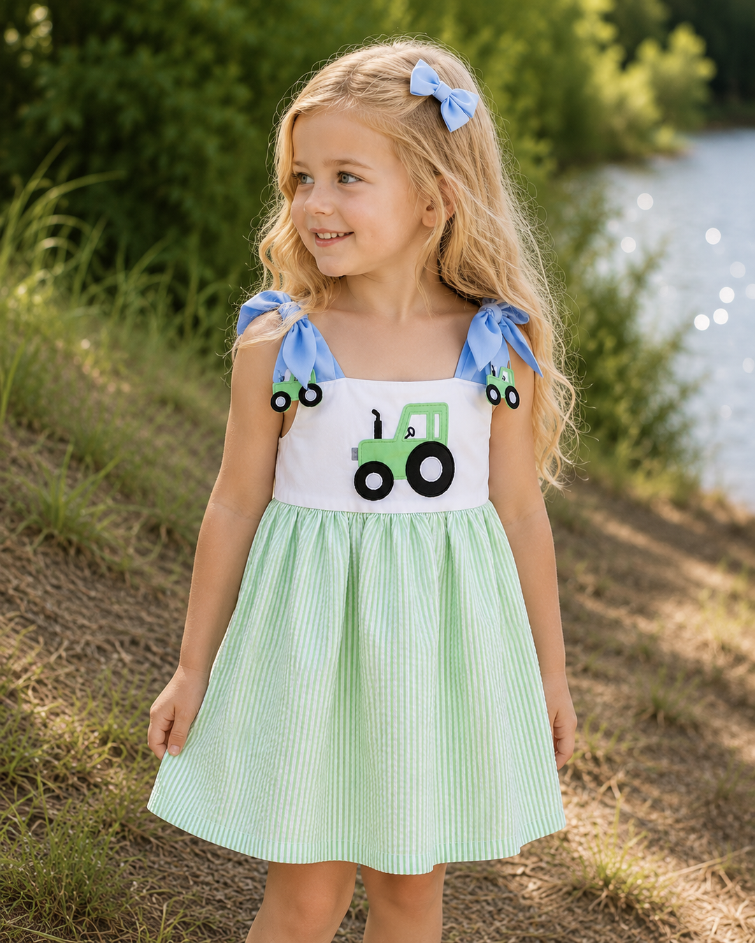 Young girl wearing a green dress with a tractor design outdoors by a body of water.