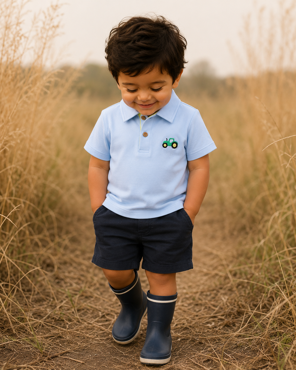 A toddler boy wearing a light blue short-sleeve polo shirt with a small green tractor embroidery, navy shorts, and navy rain boots, standing in a field of dry grass.