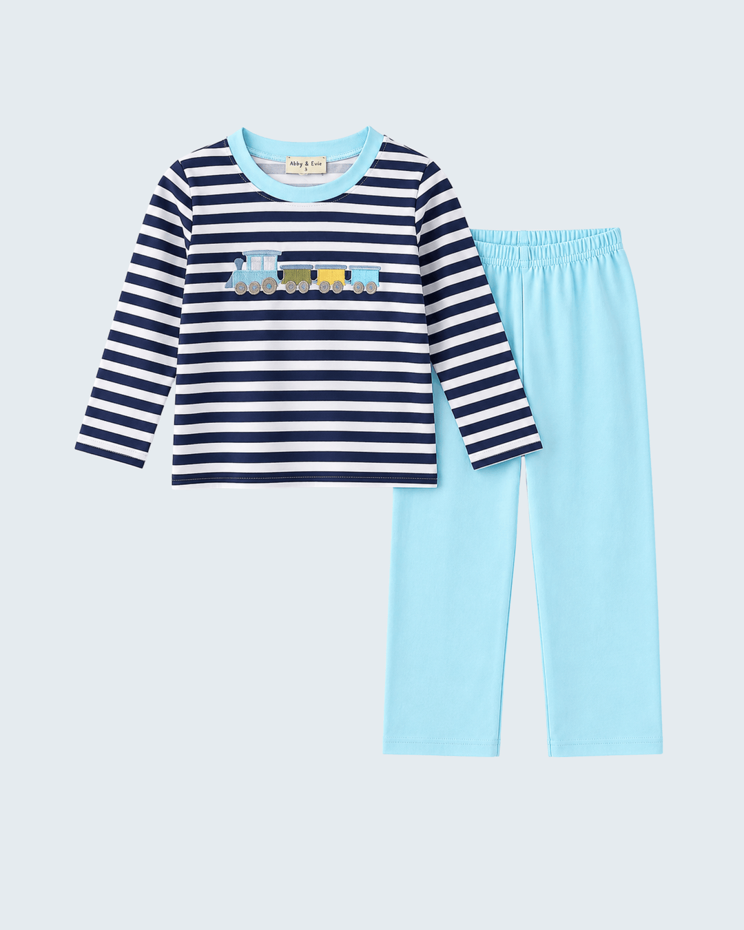 Boys two-piece set: striped long-sleeve shirt with train embroidery and light blue pants