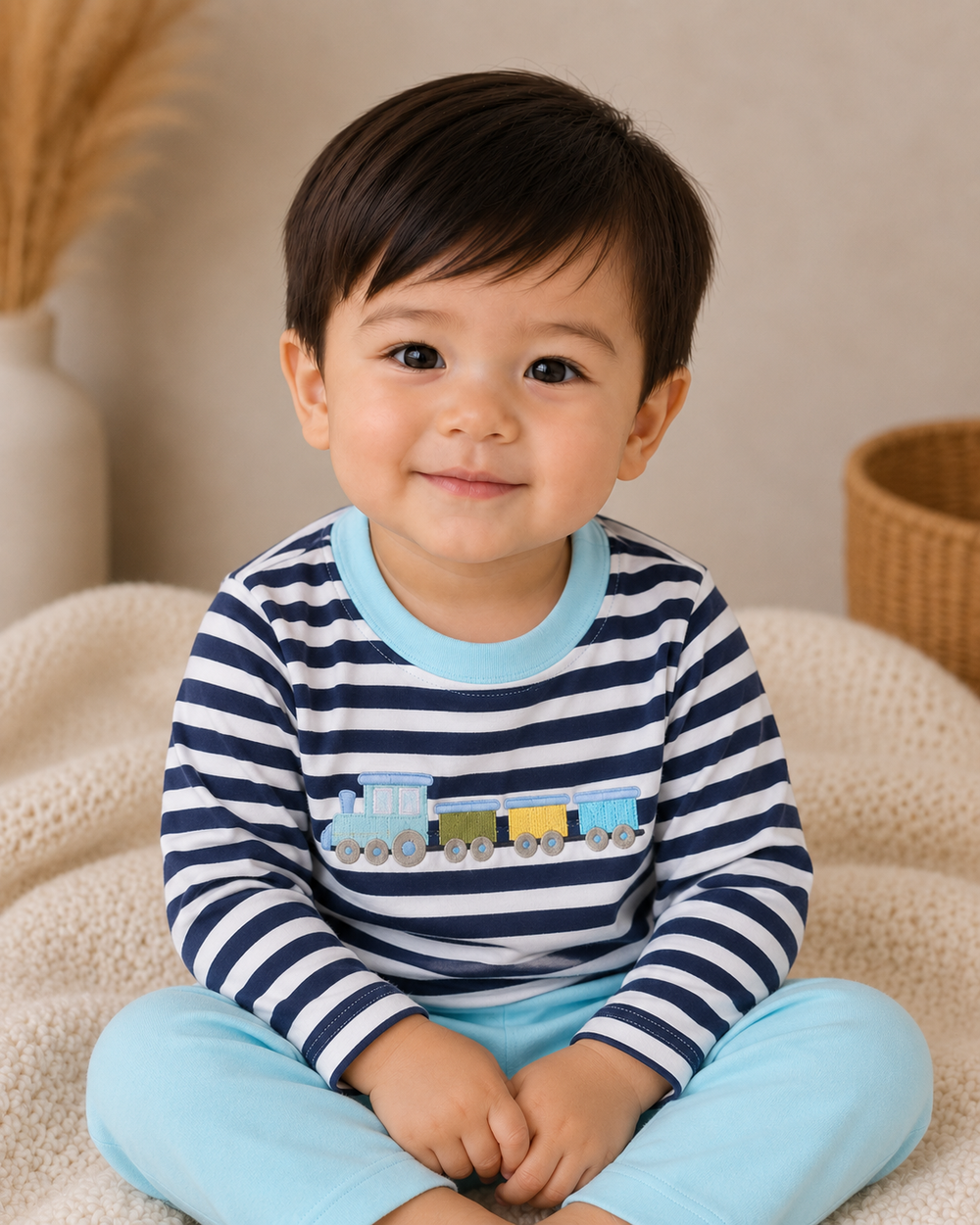 Boys striped shirt with train embroidery and light blue pants worn by child