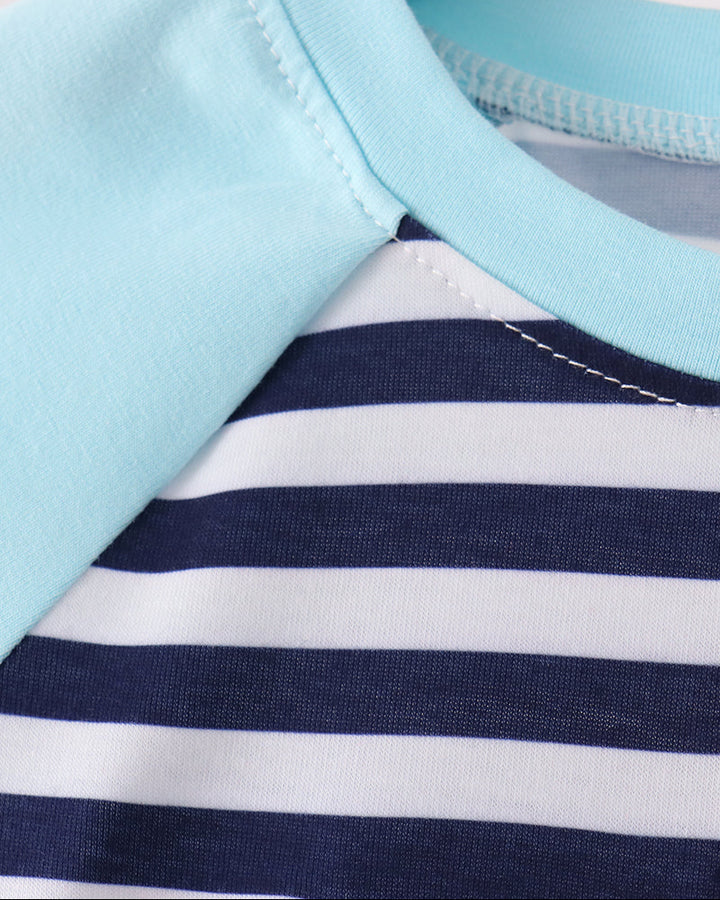 Round neckline raglan top with light blue yoke and navy-and-white striped body