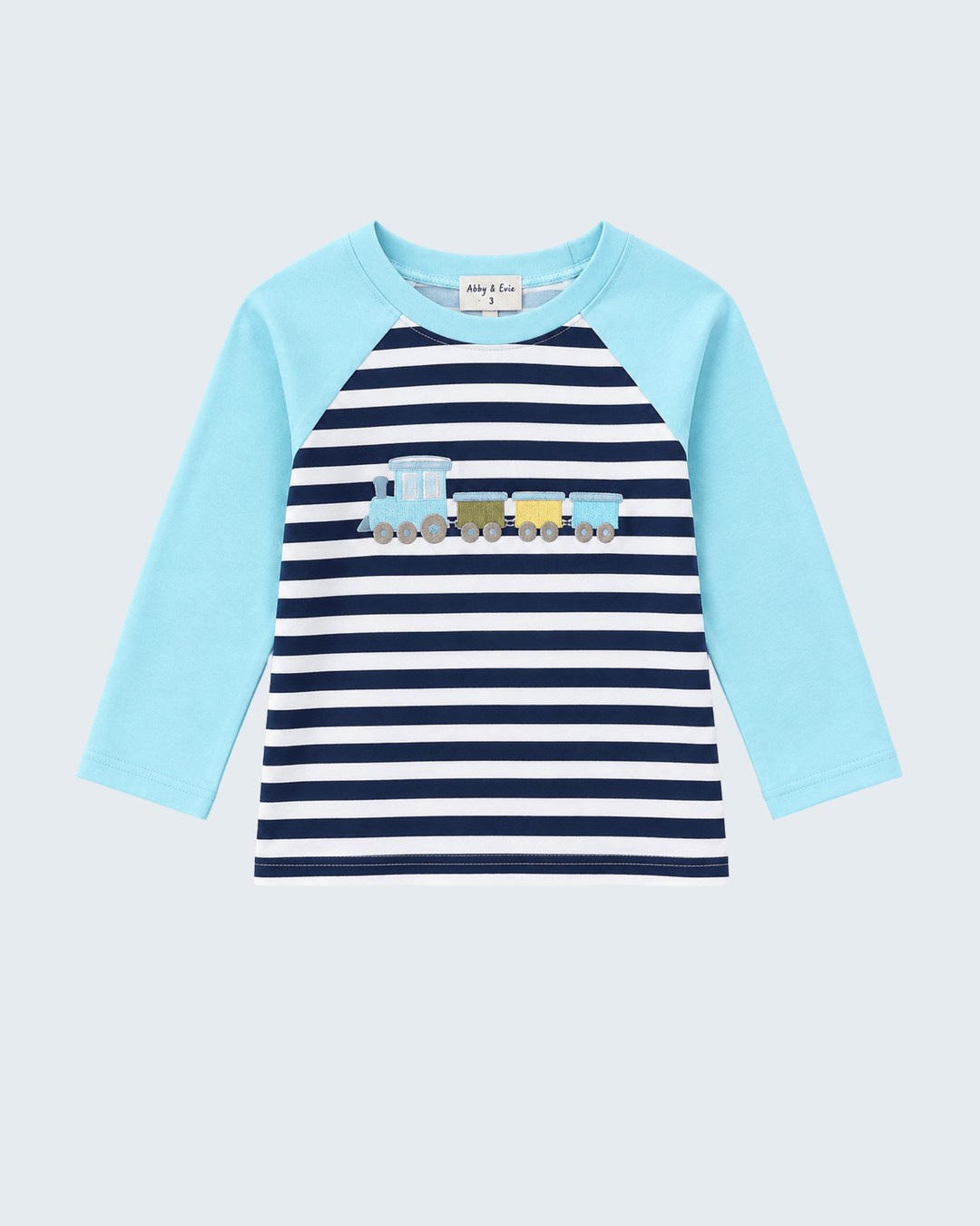 Boys striped raglan top with train embroidery, light blue sleeves and navy/white stripes