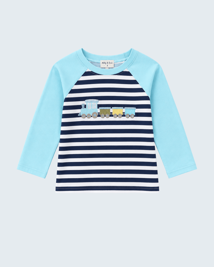 Boys striped raglan top with train embroidery, light blue sleeves and navy/white stripes