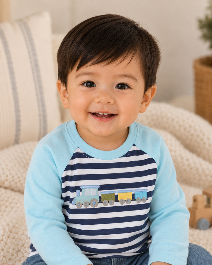 Boys raglan long-sleeve top with train graphic embroidery, light blue and navy/white stripes