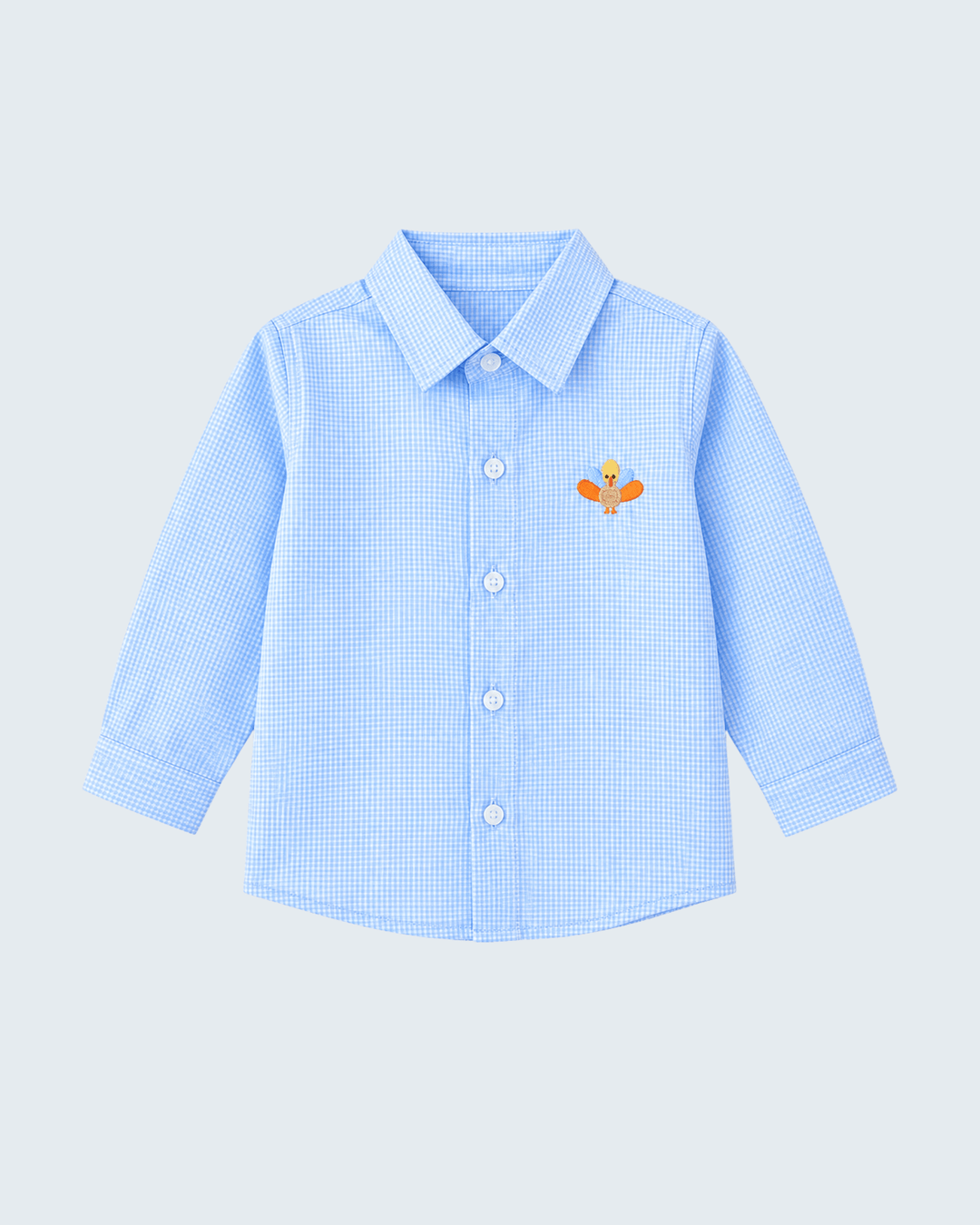 Light blue check long-sleeve button-down shirt with small chest embroidery
