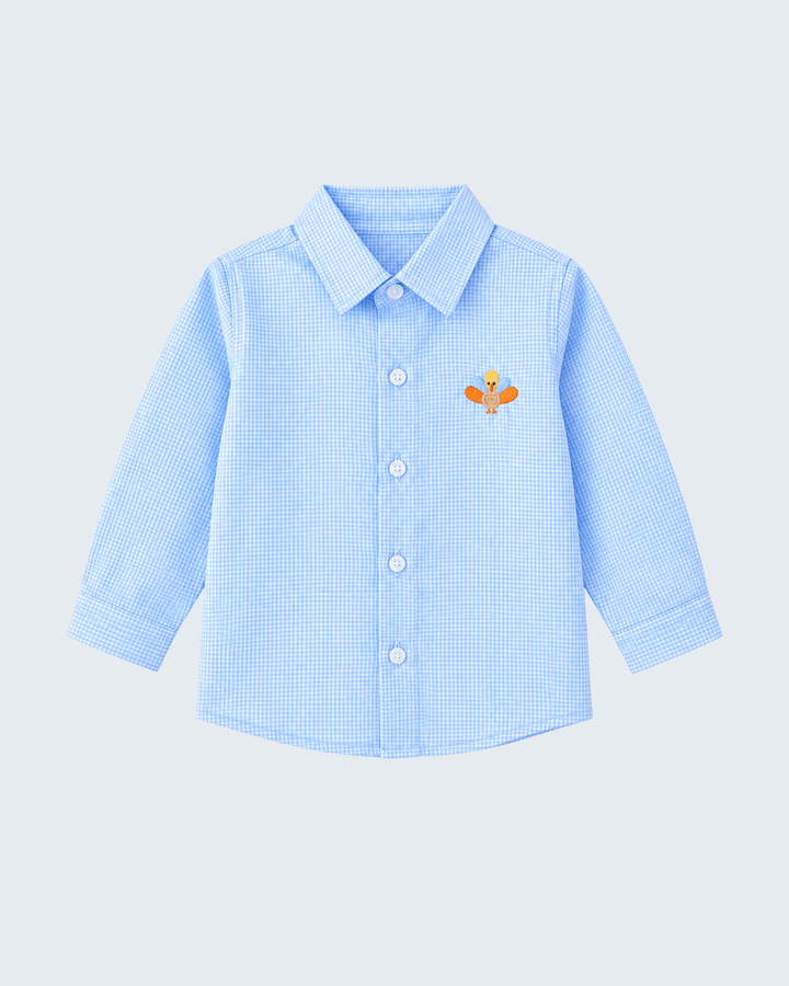 Light blue check long-sleeve button-down shirt with small chest embroidery