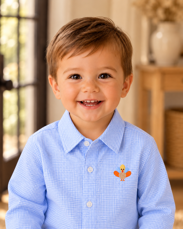 Child wearing light blue check button-down shirt with turkey chest embroidery