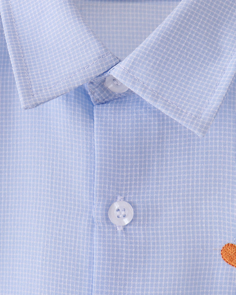 Light blue check button-down shirt with collar and center front buttons