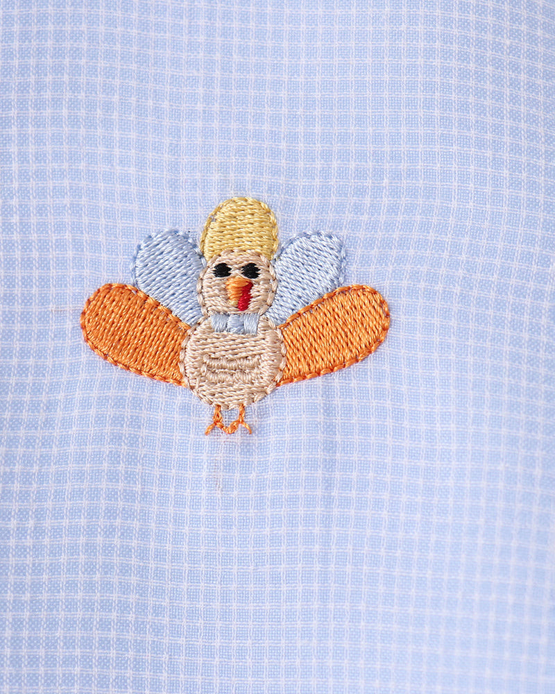 Light blue check shirt with colorful turkey embroidery on chest