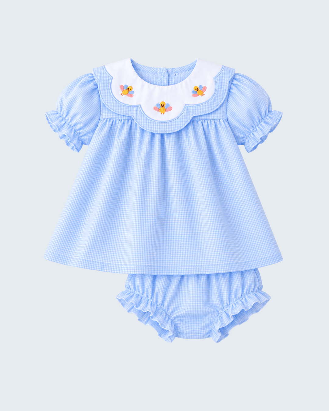 Light blue checkered toddler dress and bloomer set with scalloped neckline