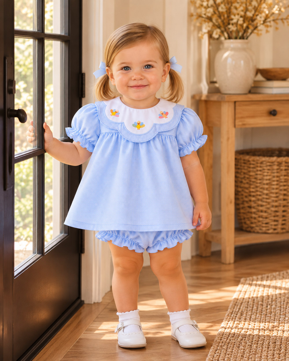 Toddler wearing light blue embroidered dress with matching ruffled bloomers and puff sleeves