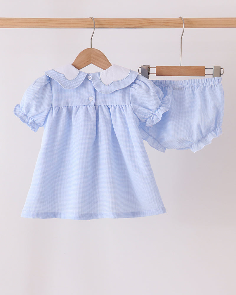 Light blue toddler bloomer set with short-sleeve dress and matching ruffled bloomers