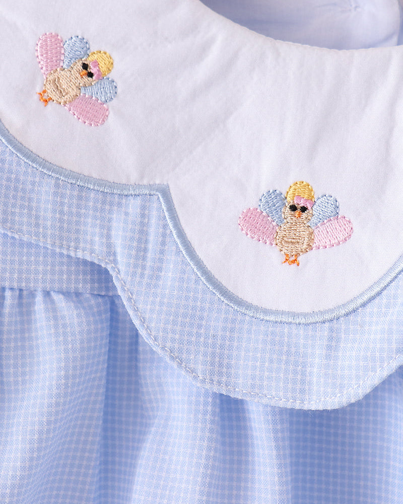 Light blue dress yoke with multicolor animal embroidery and scalloped neckline