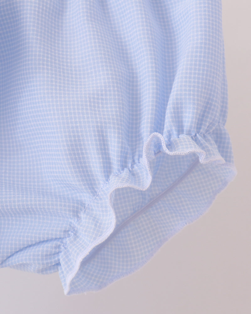 Light blue checkered bloomer leg opening with soft gathered ruffle trim