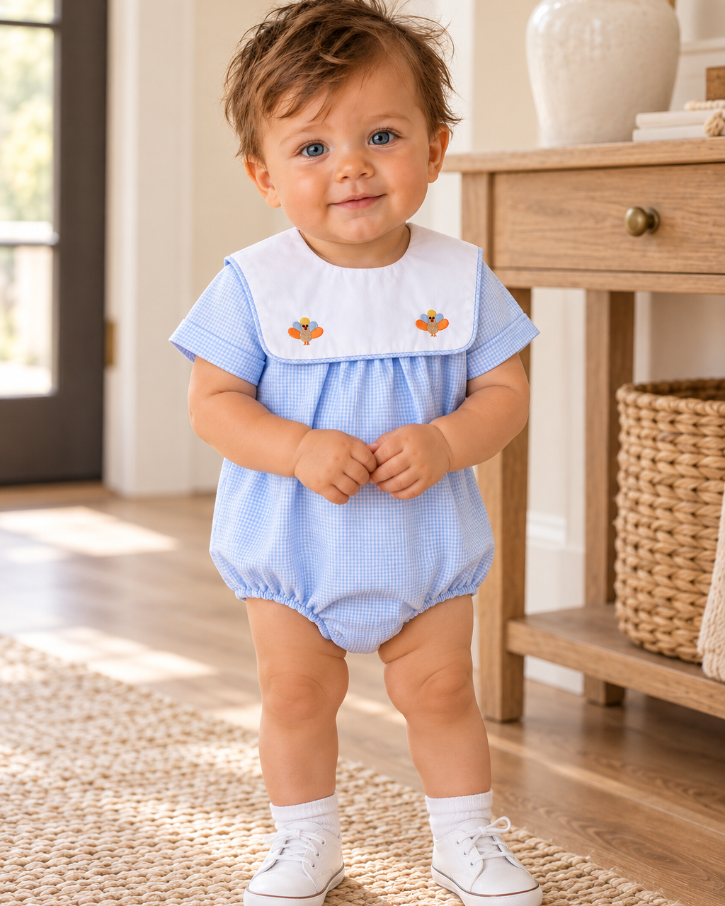 Blue checkered baby bubble romper with turkey embroidery, snaps, and short sleeves