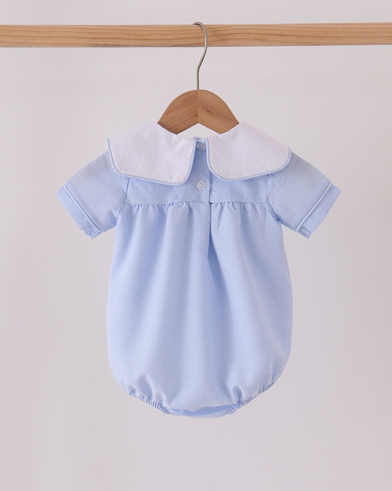 Blue checkered baby romper with white Peter Pan collar and turkey embroidery