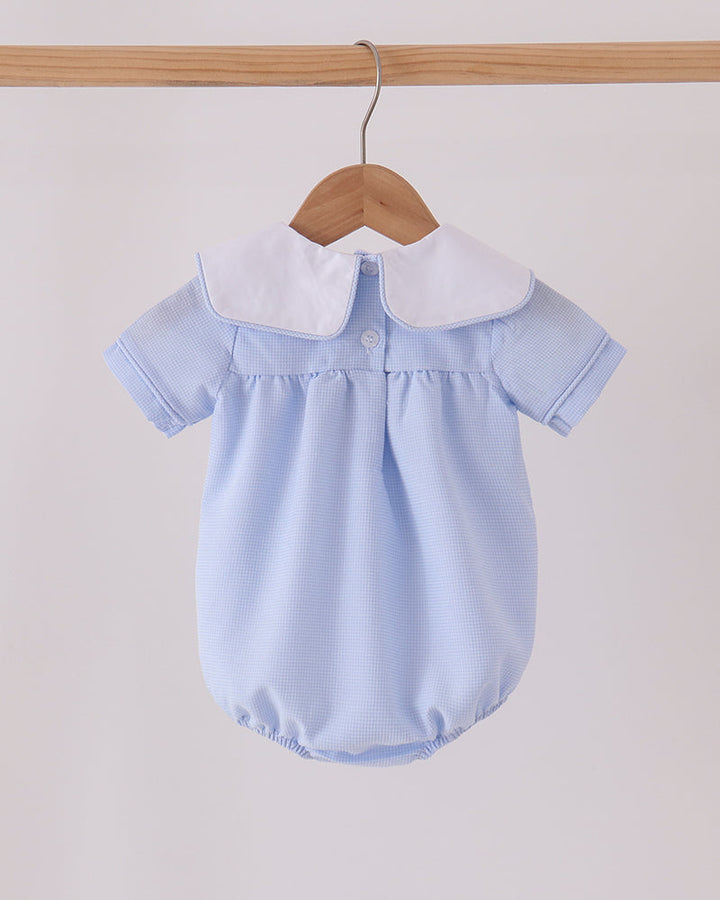 Blue checkered baby romper with white Peter Pan collar and turkey embroidery