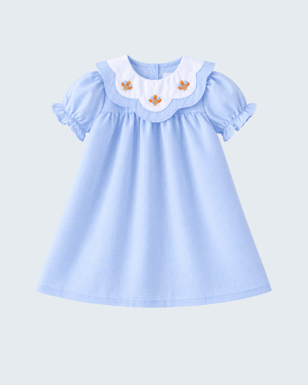 Light blue baby dress with gathered collar and embroidered bird accents