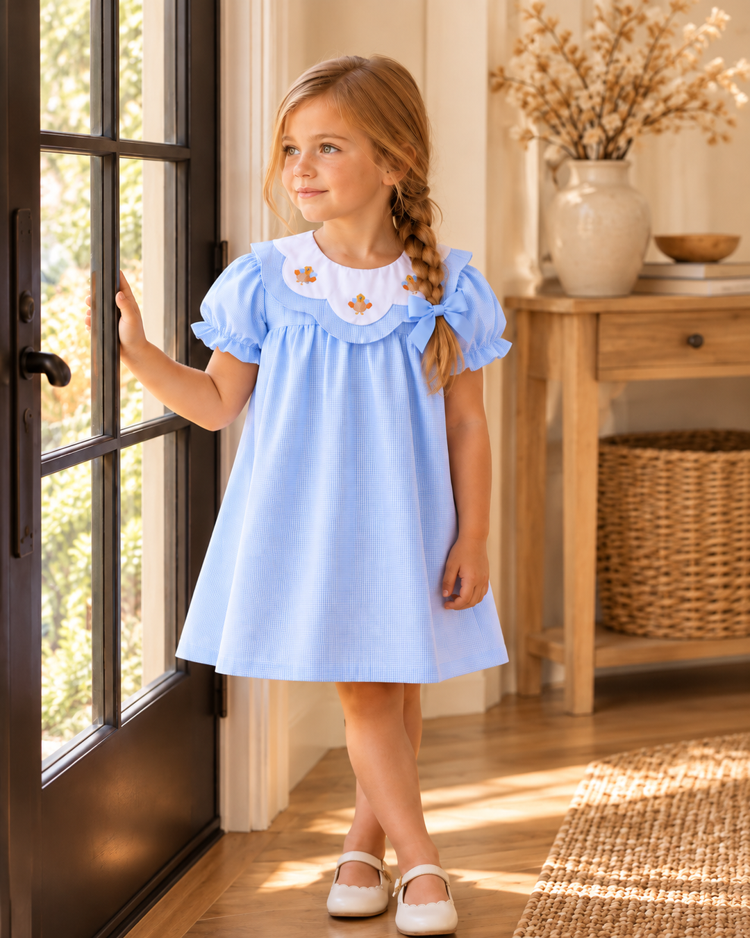 Light blue baby dress on a child, with puff sleeves and embroidered bird accents