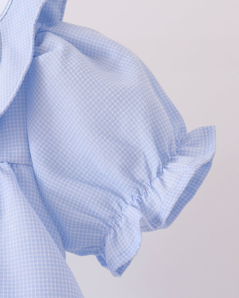 Light blue checkered dress with gathered sleeve and ruffled cuff