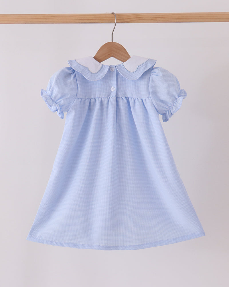 Light blue baby dress with puff sleeves and ruffled yoke