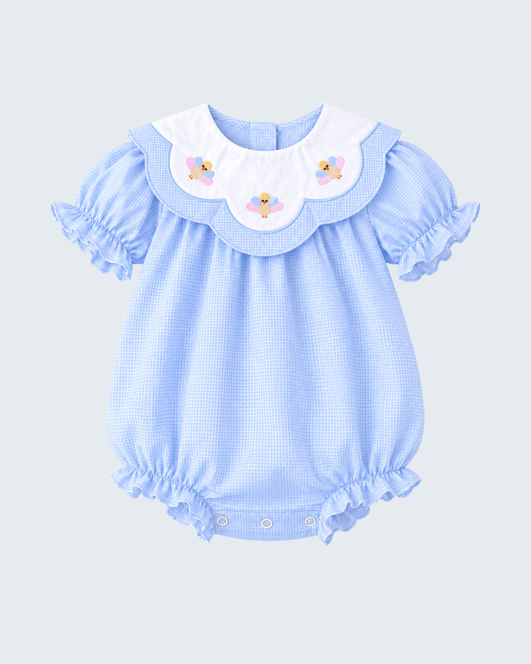 Light blue checkered baby bubble romper with flutter sleeves, ruffle trim, turkey embroidery