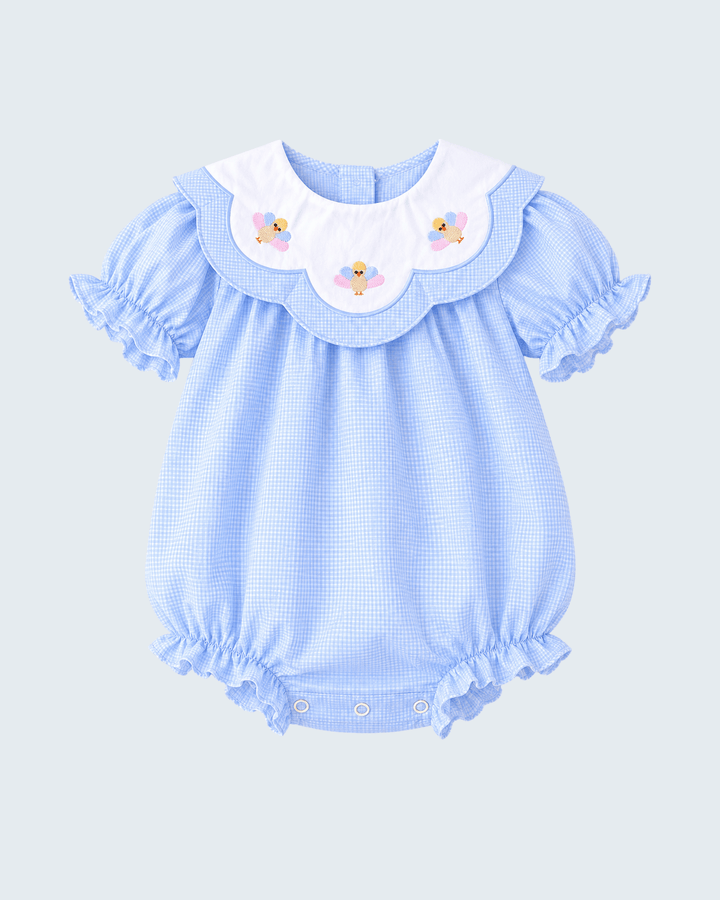 Light blue checkered baby bubble romper with flutter sleeves, ruffle trim, turkey embroidery