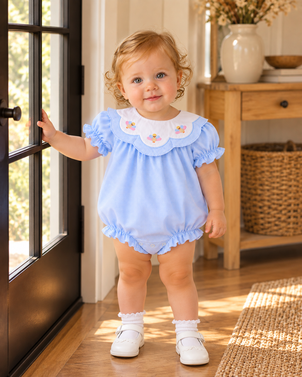Light blue checkered baby romper with ruffled neckline and turkey embroidery