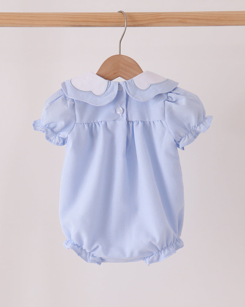 Light blue baby romper with double-ruffle collar and button-front placket