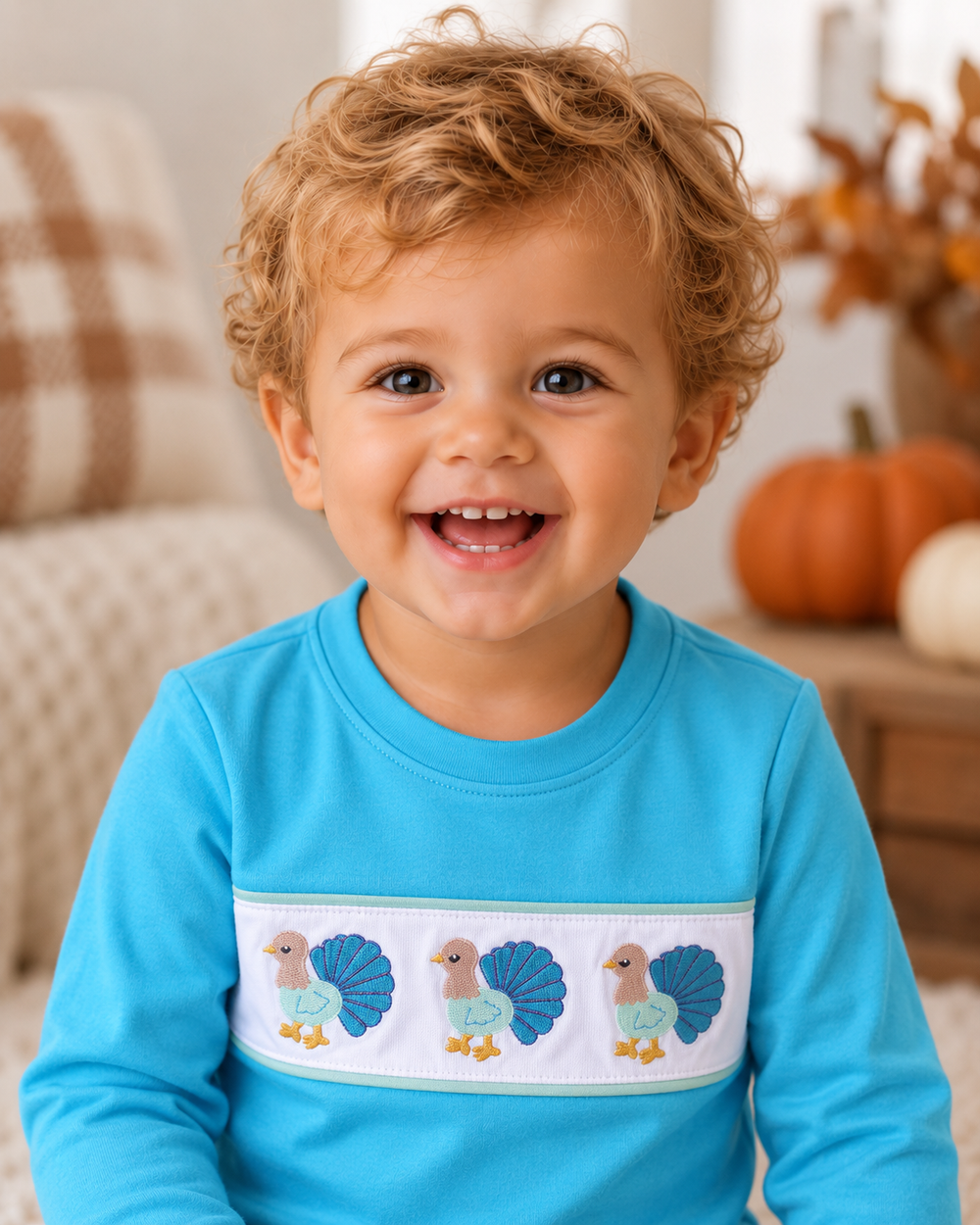 Light blue long-sleeve top with embroidered turkeys and crew neck, worn