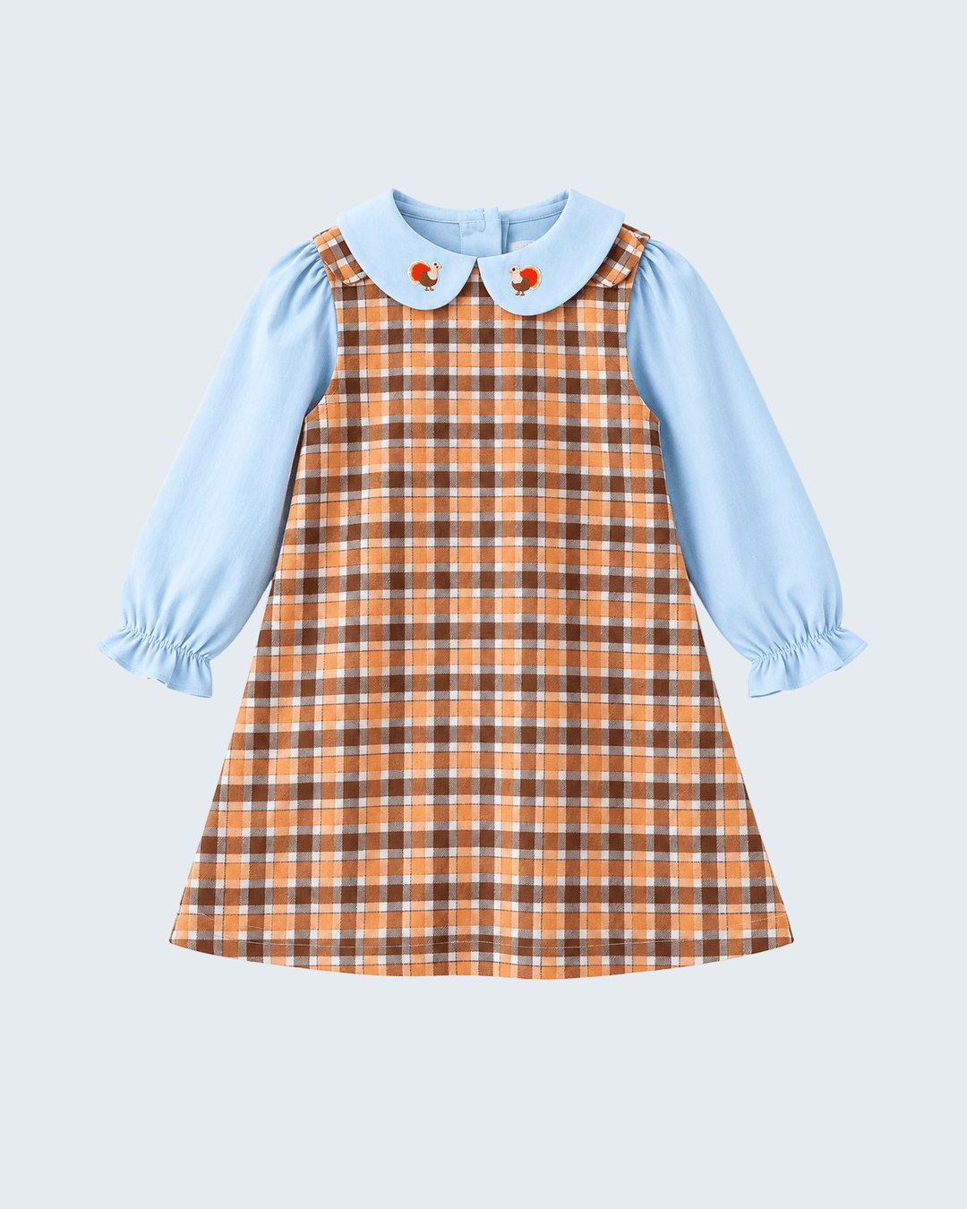 Plaid pinafore dress set with light blue sleeves and turkey-collar embroidery