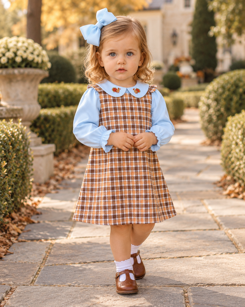 Toddler wearing plaid pinafore dress set with light blue sleeves and turkey collar