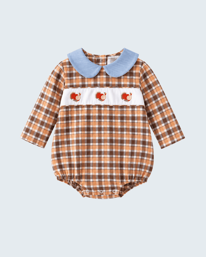 Baby plaid bubble romper with blue collar and turkey embroidery bib front