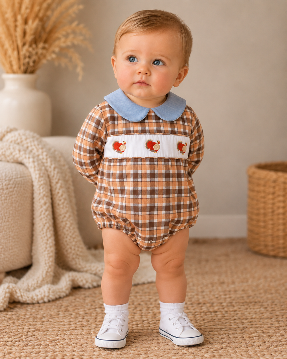 Baby bubble romper in plaid with blue collar and turkey embroidery, worn by toddler