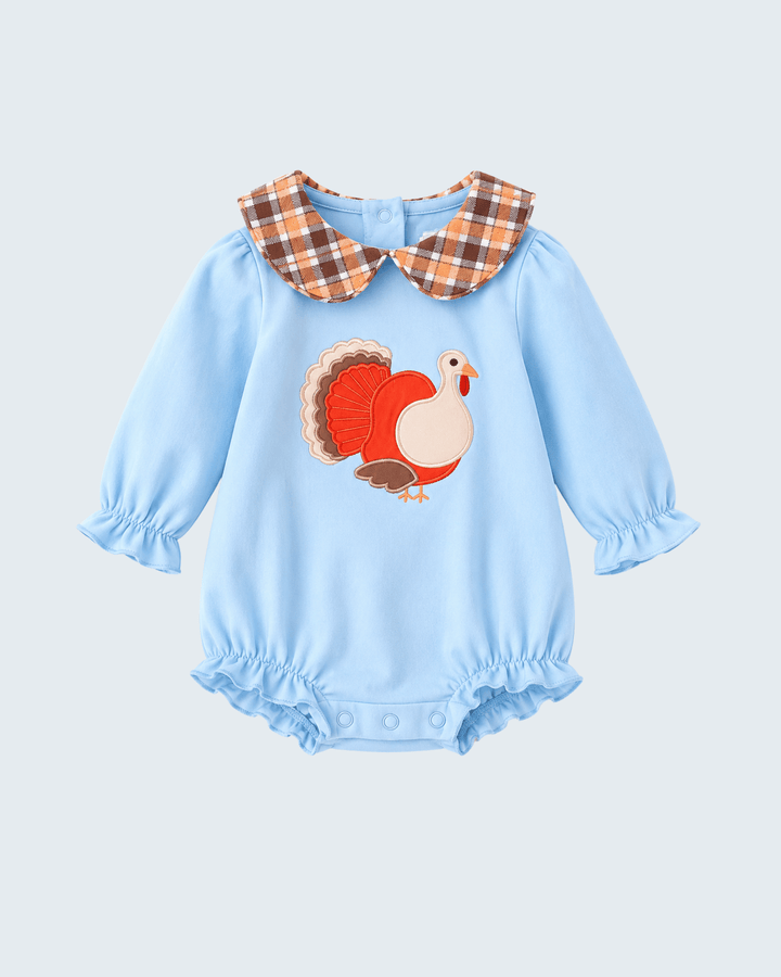 Light blue romper with brown plaid collar and embroidered turkey front