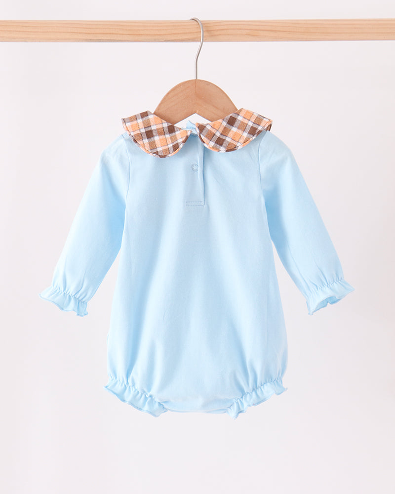 Light blue baby romper with brown plaid collar and front snap buttons