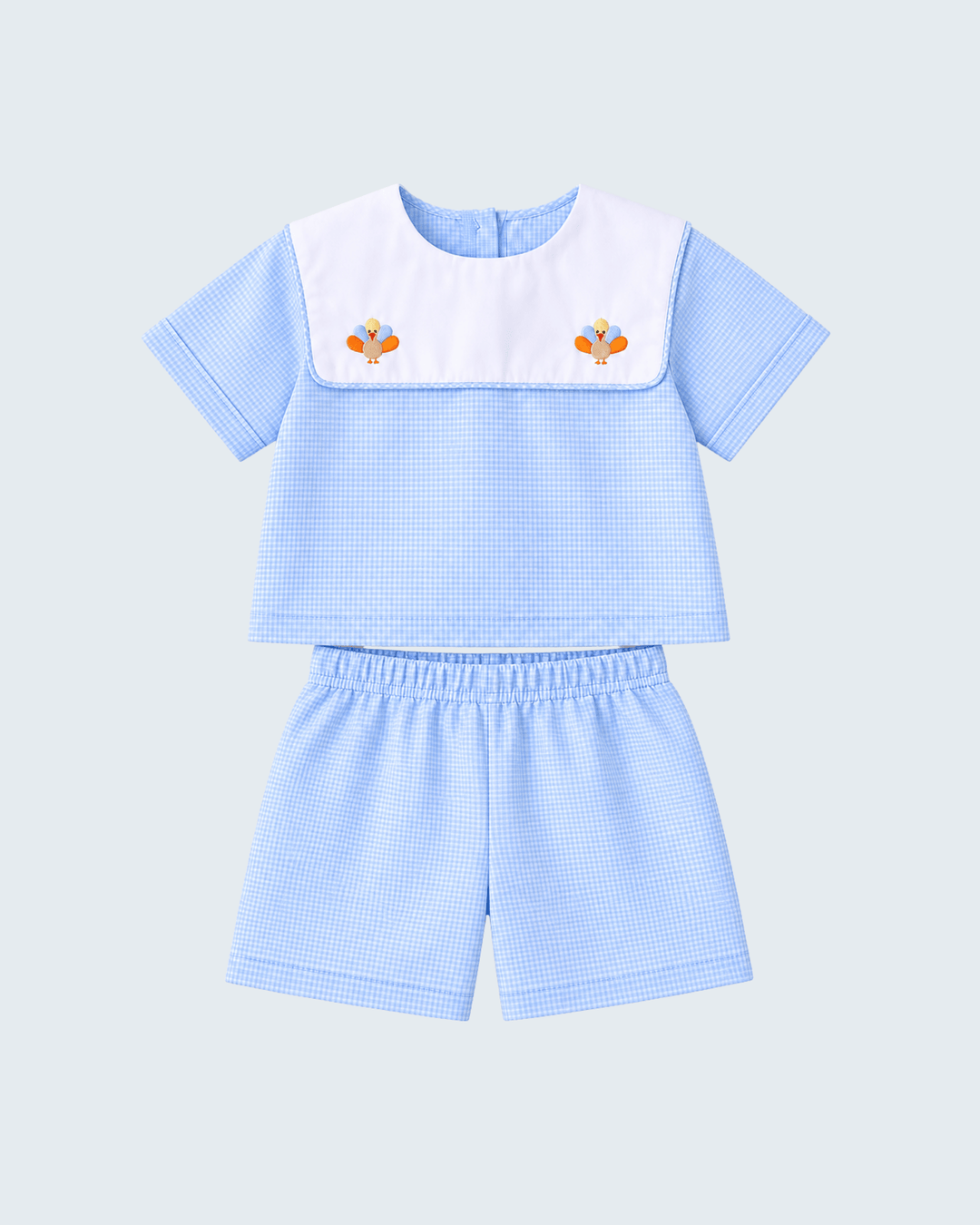 Blue gingham shorts set with white sailor collar and turkey embroidery