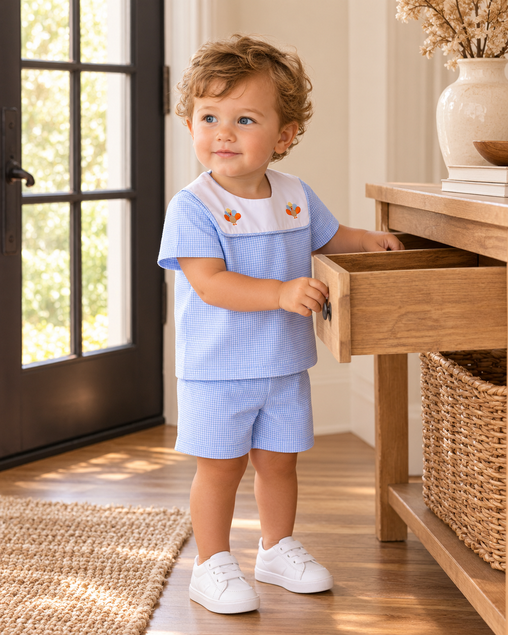 Toddler wearing light blue check short-sleeve top and matching shorts set