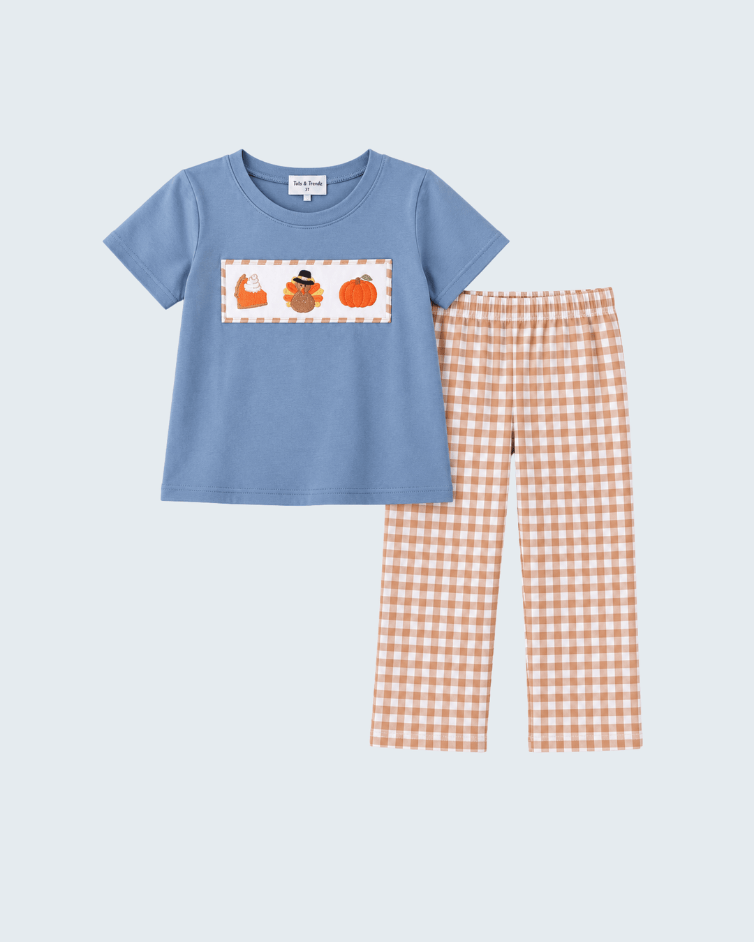 Blue short-sleeve shirt with turkey and pumpkin embroidery and orange gingham pants set